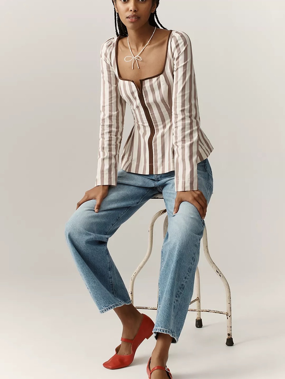 NWT Anthropologie Maeve Striped Square Neck Peplum Blouse Size M Brown White - Picture 2 of 13